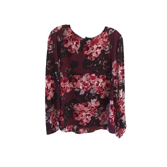 Philosophy Semi Sheer Back Button Detail Floral Long Sleeve Blouse Burgandy XS - Picture 1 of 10